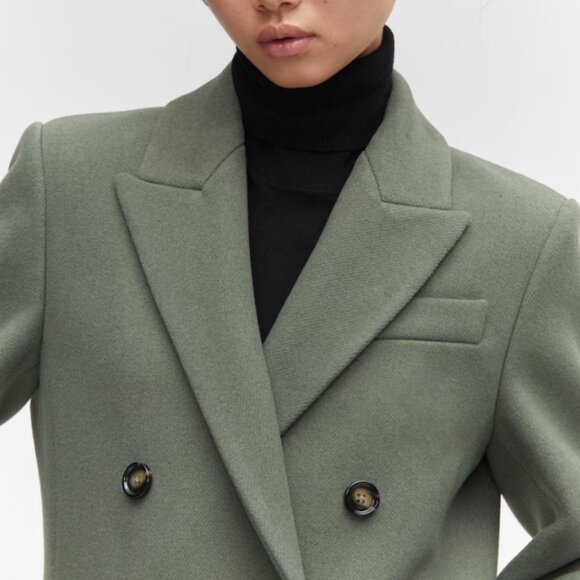 MANGO Wool Double-Breasted Coat in Khaki Sz L - Picture 2 of 16